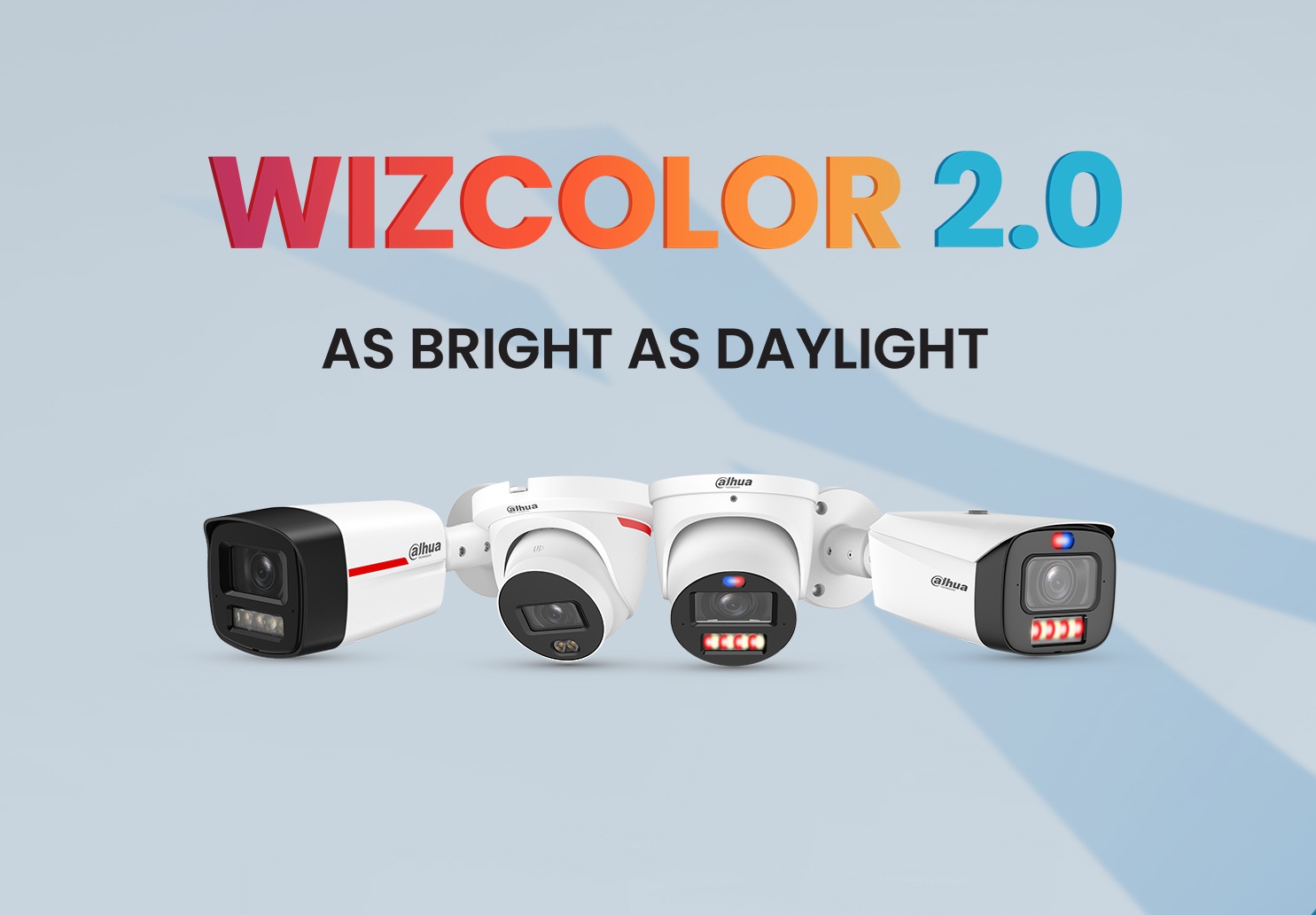 Reklamný banner s tromi bielymi a jednou čiernou bezpečnostnou kamerou, textom WIZCOLOR 2.0.